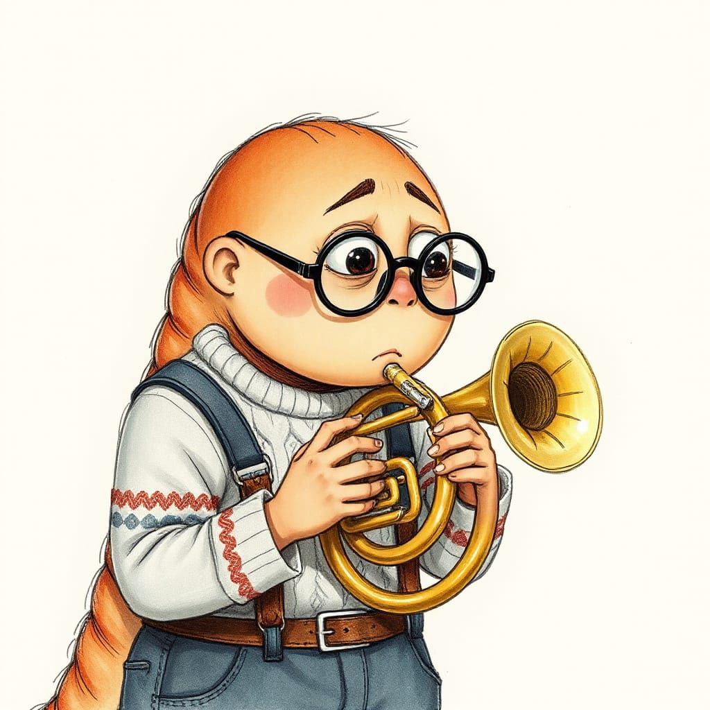 Embarrassed Worm Plays Tuba in Whimsical Storybook Style