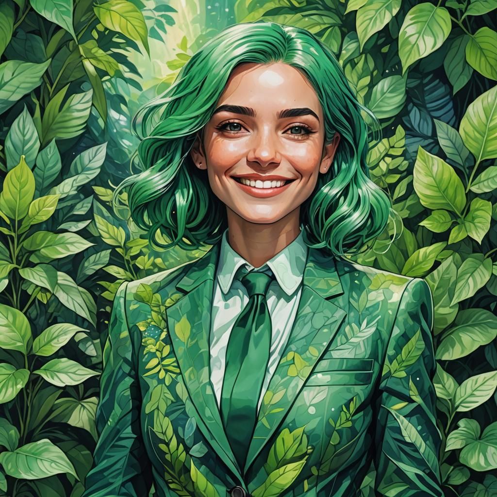 Green-Haired Woman in Lush Greenery Illustration