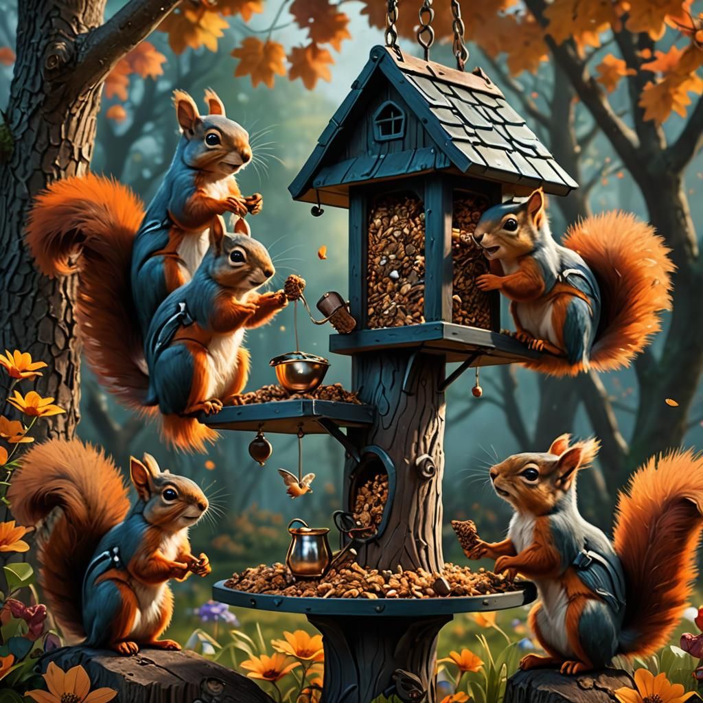 Squirrels Celebrate Bird Feeder: Fantasy Concept Art