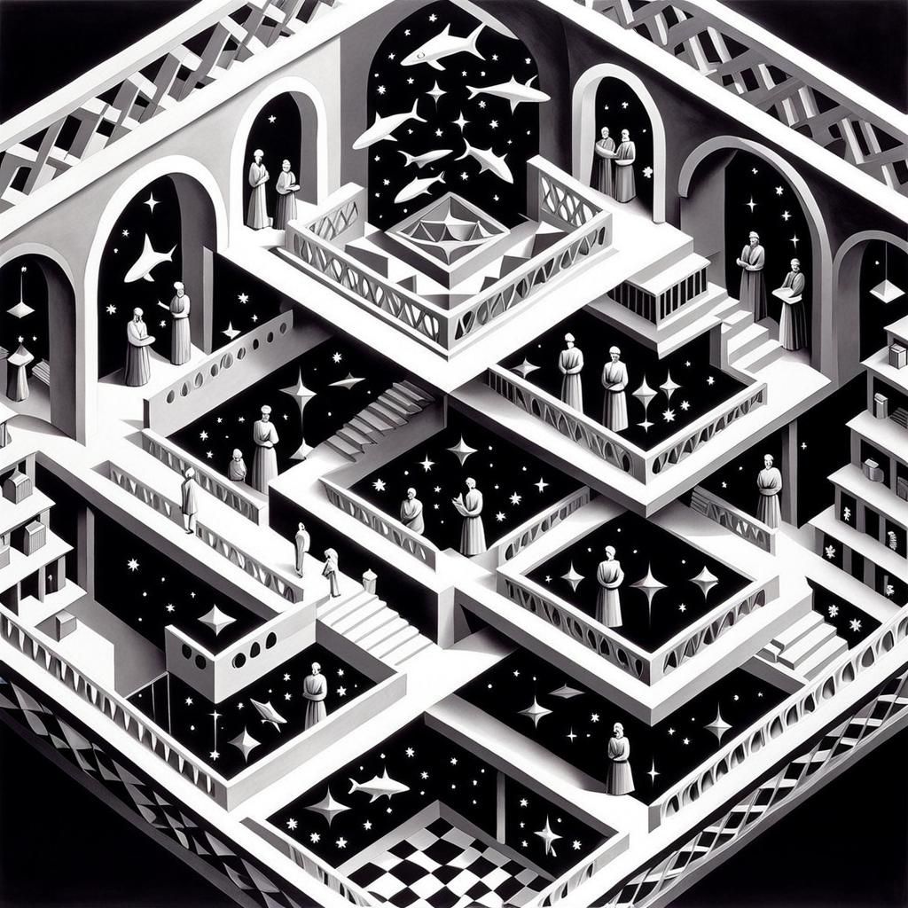 Escher-Inspired Geometric Landscape with Intricate Details