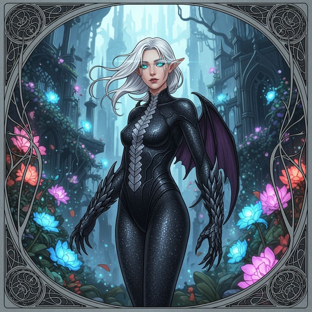 Dragon Bodysuit Half-Elf in Noir Art Nouveau Style