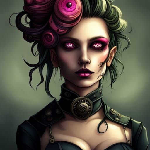 Steampunk Punk Rock Goblin Girl with Engine