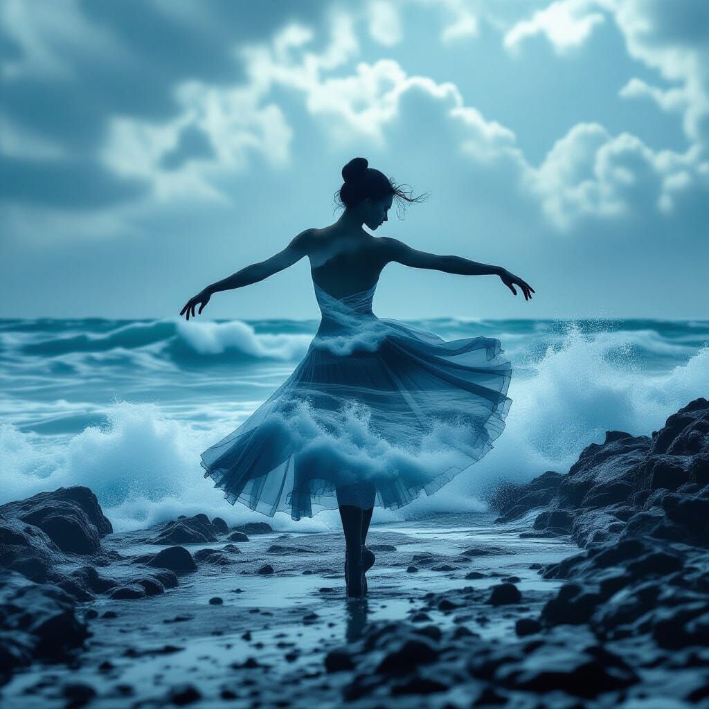 Ballerina and Stormy Ocean Double Exposure