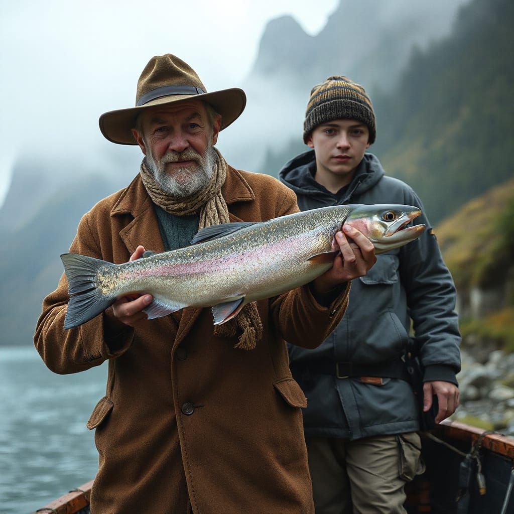 Fishermen Proudly Display Catch in Misty Mountains