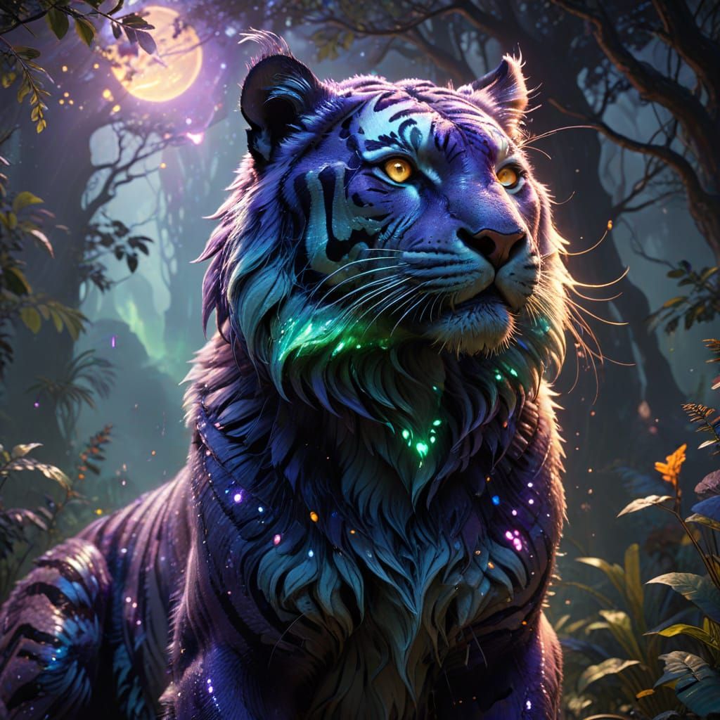 Dark Fantasy Tiger with Iridescent Fur and Bioluminescent Sp...