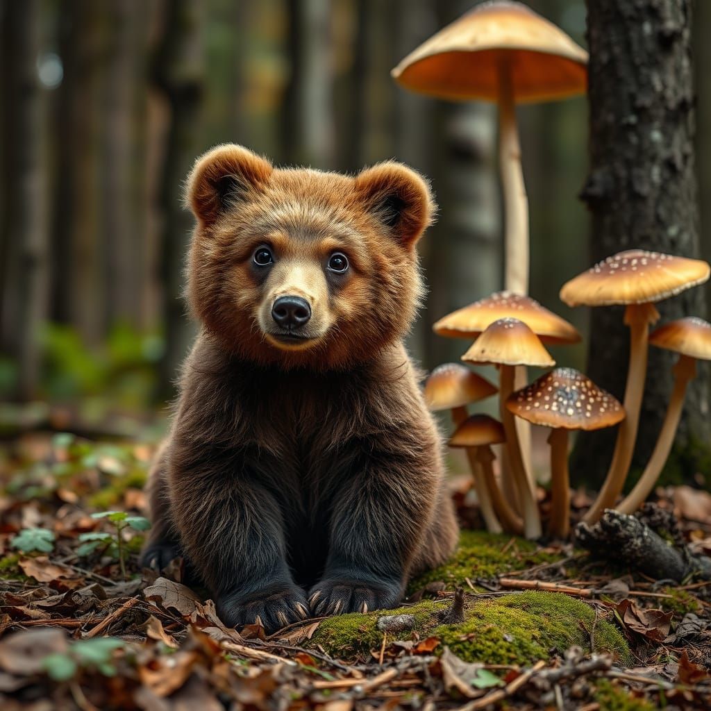 Baby in Bear Costume with Giant Mushrooms