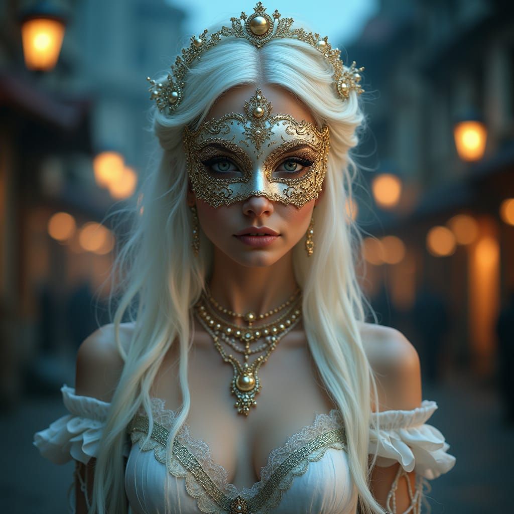 Elegant White-Haired Woman in Masquerade Mask