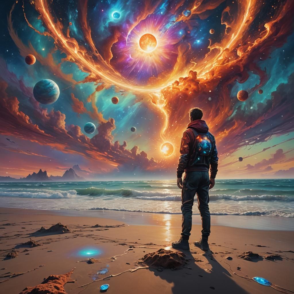 Alien Beach with Dual Suns in Cosmic Surrealism