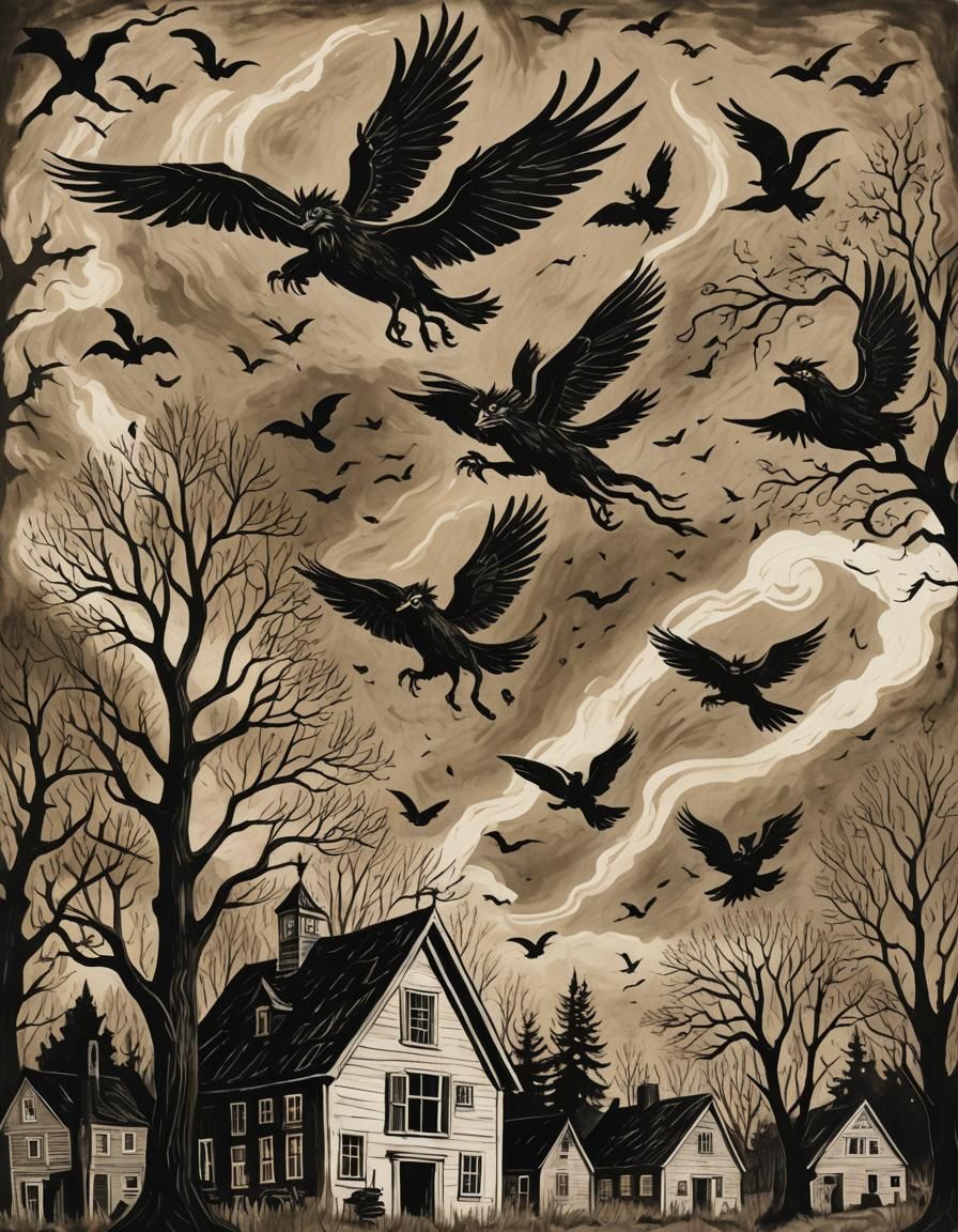 Eerie Folk Art Woodcut: Witchcraft in Salem