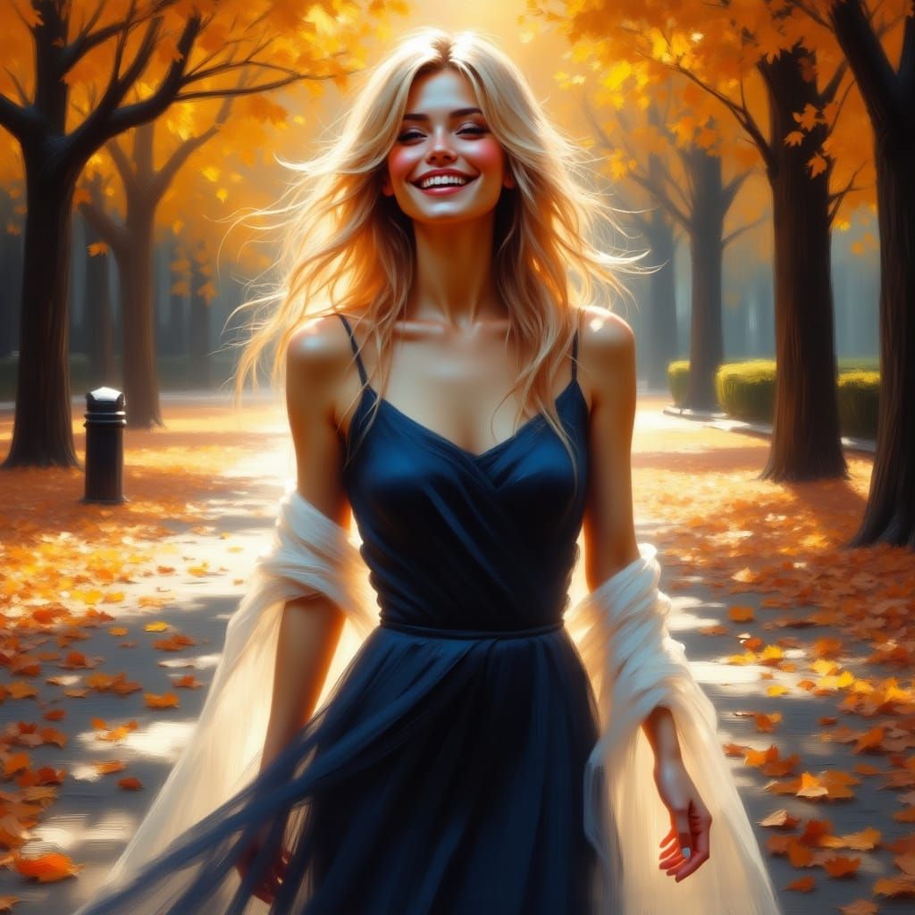 Woman in Velvet Dress on Autumn Path