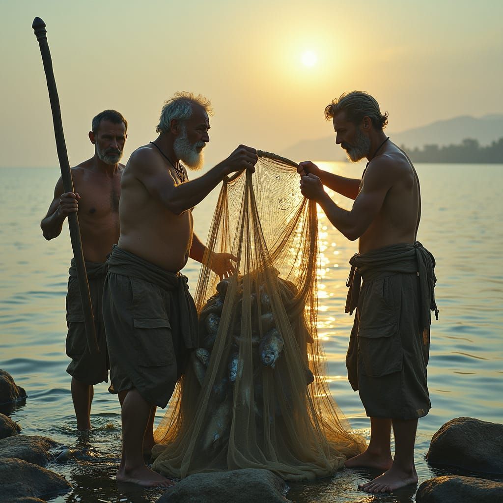 Fishermen Hauling a Net Full of Fish