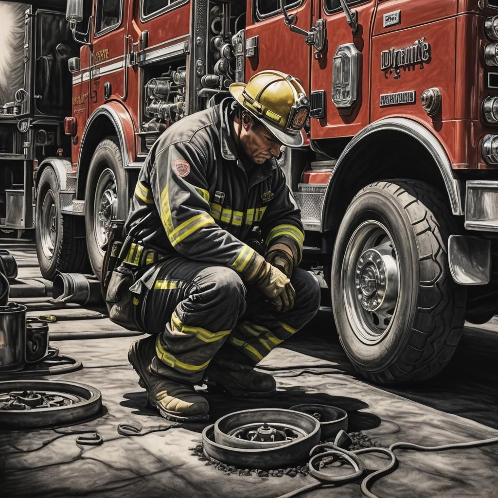 Firefighter Repairs Truck: Detailed Charcoal Drawing