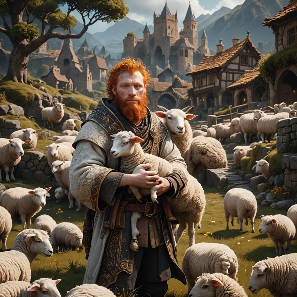 Ginger Man, Lamb, and Sheep Cuddling