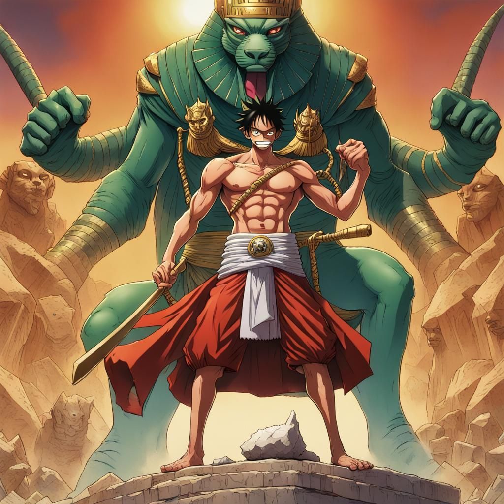 Luffy and Zoro as Pharaohs Fight Sphinx Dragon