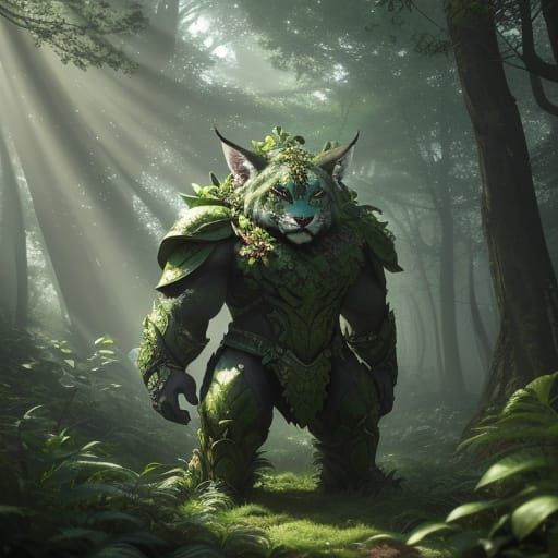 Plant Lynx Guardian in Lush Forest - Anime Style Concept Art
