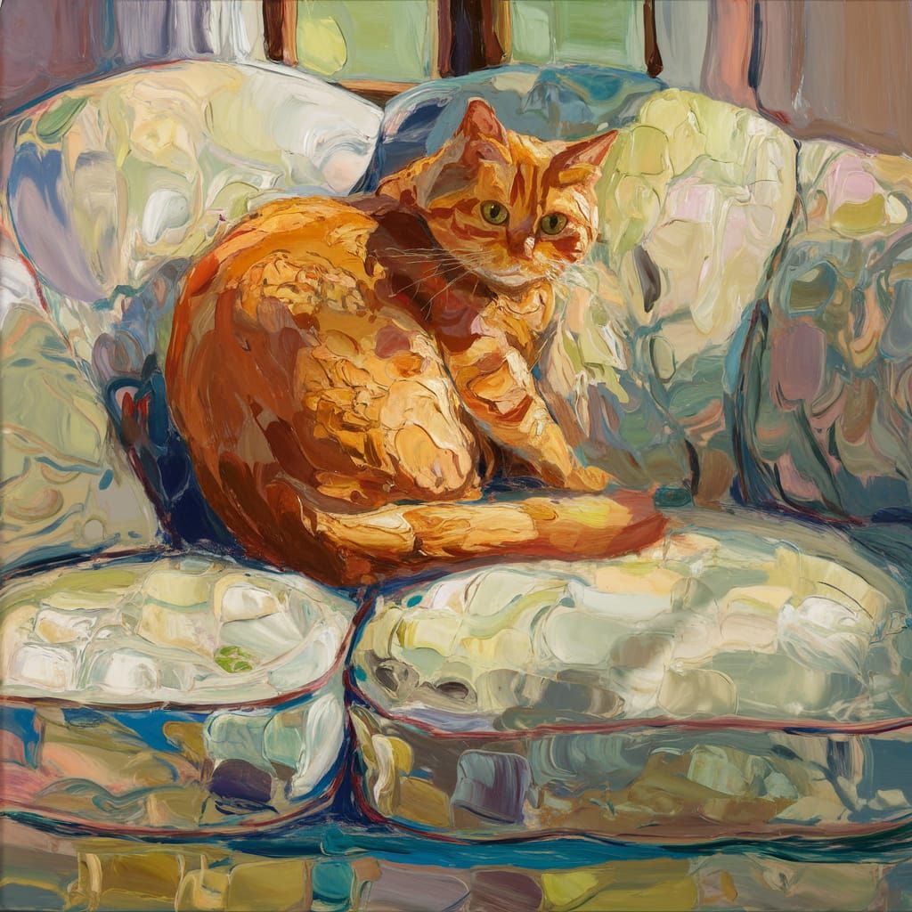 Ginger Cat Lounging: Impressionist Oil Painting