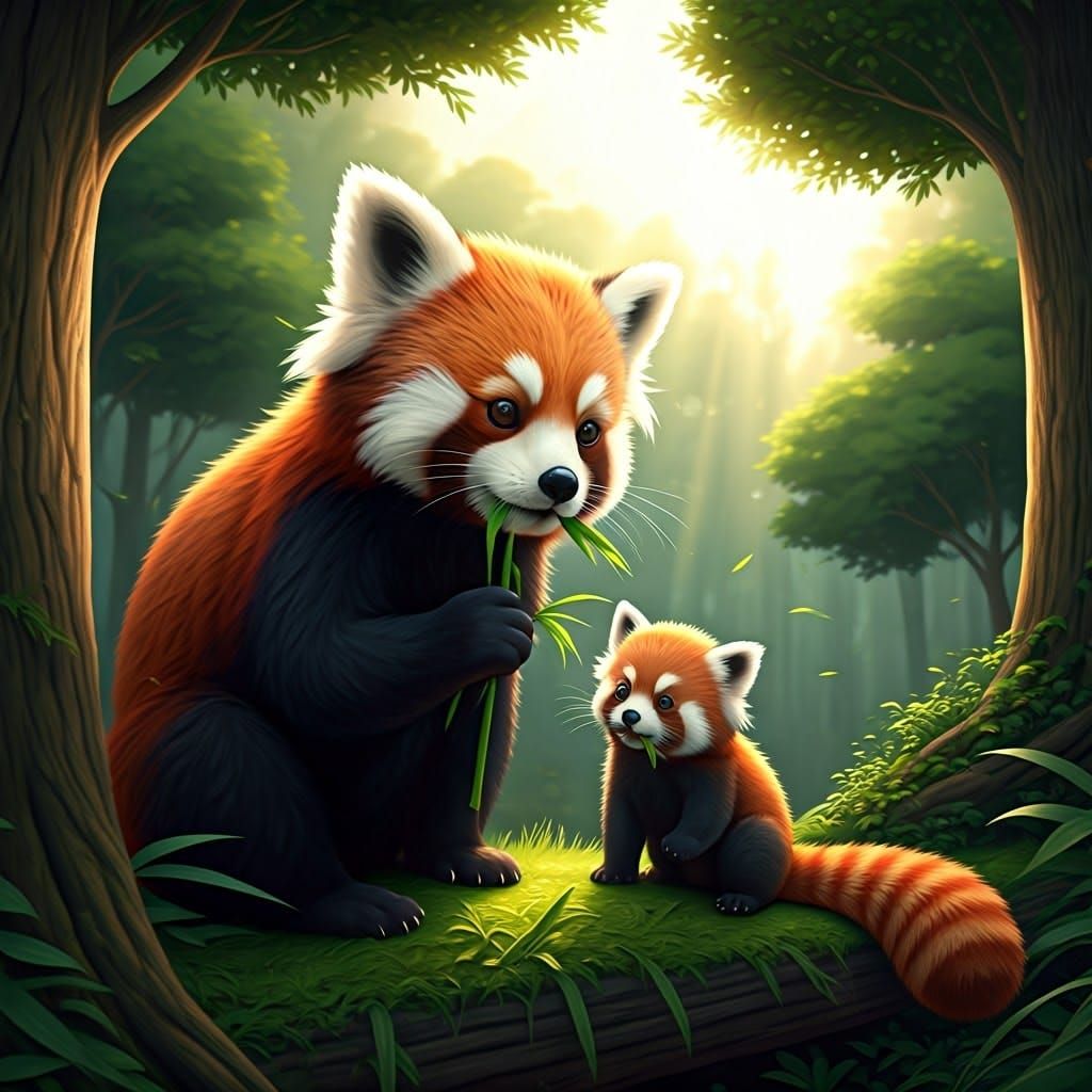 Red Panda Mother and Cub in 3D Digital Art