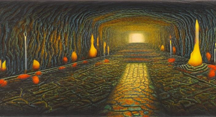 Surreal Demon Corridor with Woman Walking in Vivid Oil Paint...