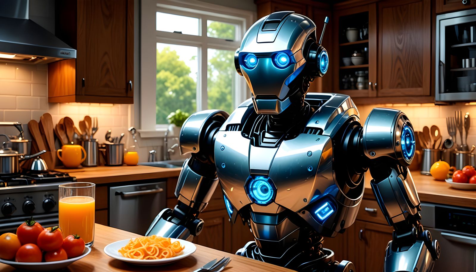 Detailed Robot in Kitchen with Fine Black Ink