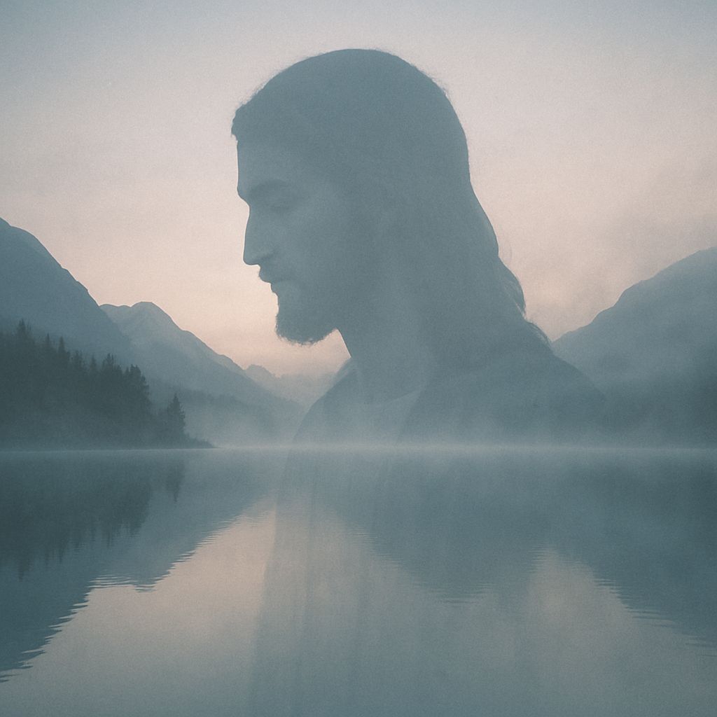 Jesus Silhouette Over Serene Mountain Lake at Twilight