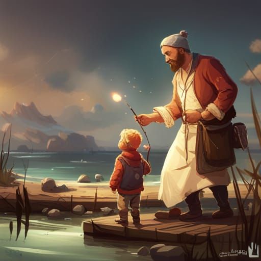 Storybook Scene: Fishing Lesson in Watercolor Style