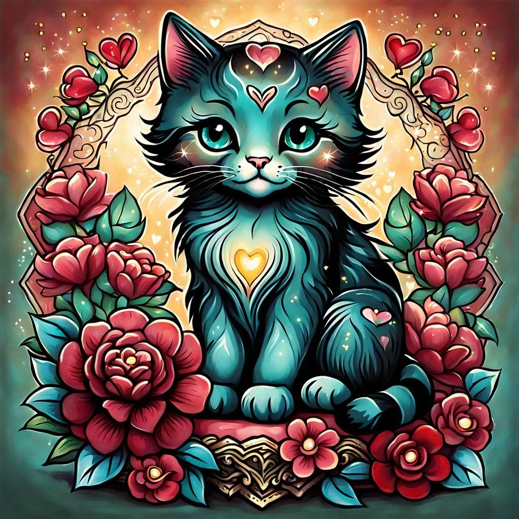 Cute Cat with Flowers and Heart Lights