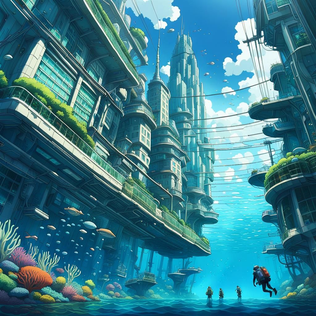 Futuristic Underwater Cityscape in Anime Style