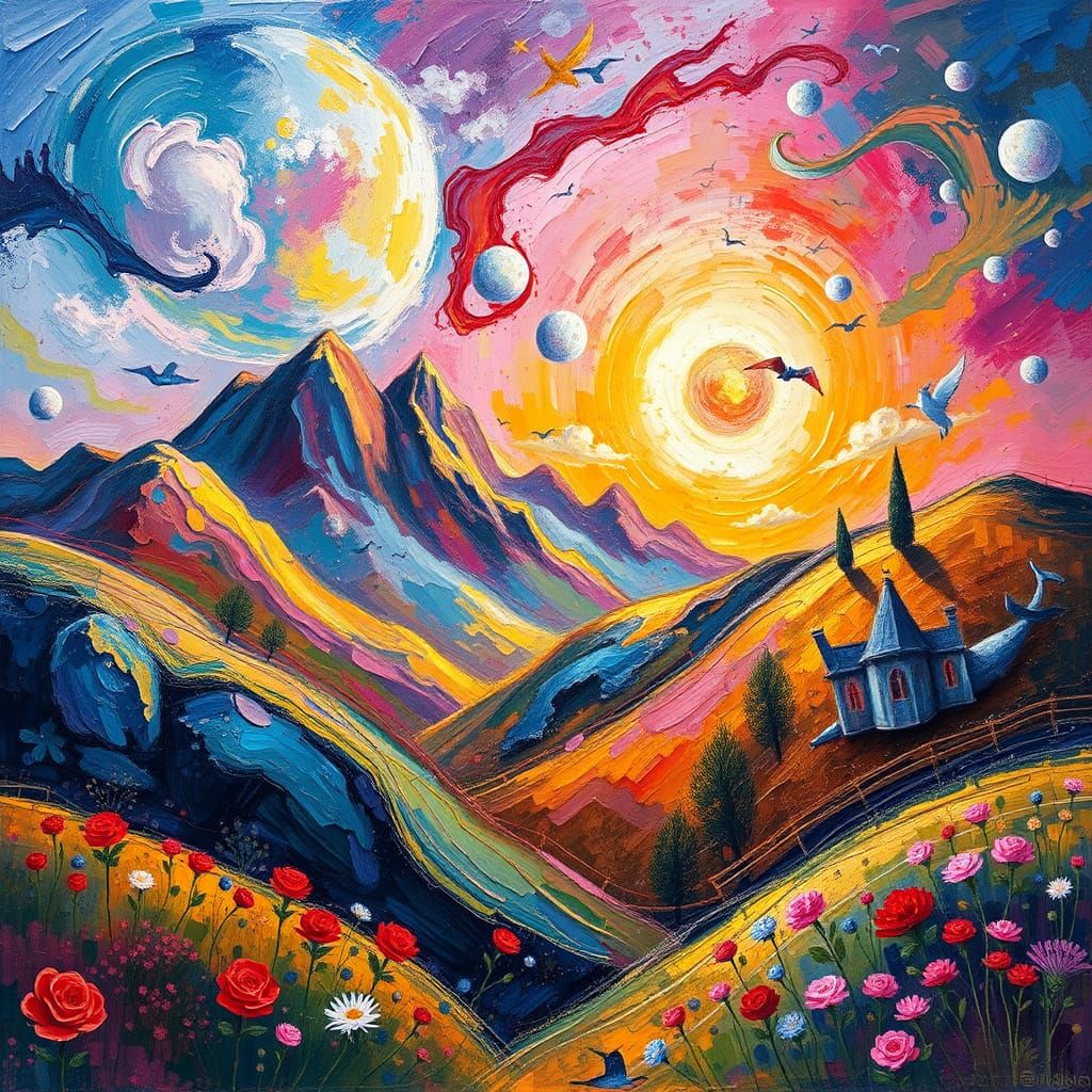 Dreamlike Landscape Painting with Fantasy House