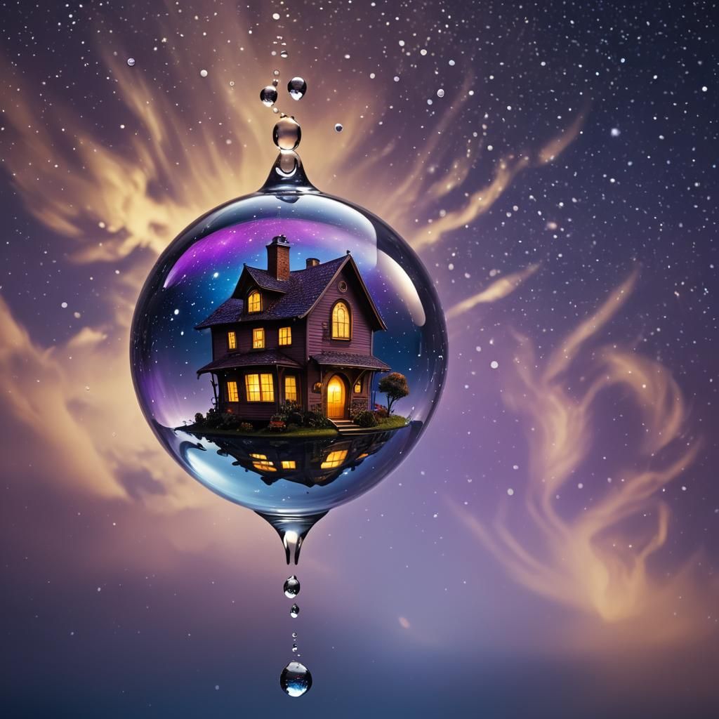 House in Water Droplet Under Starry Night Sky