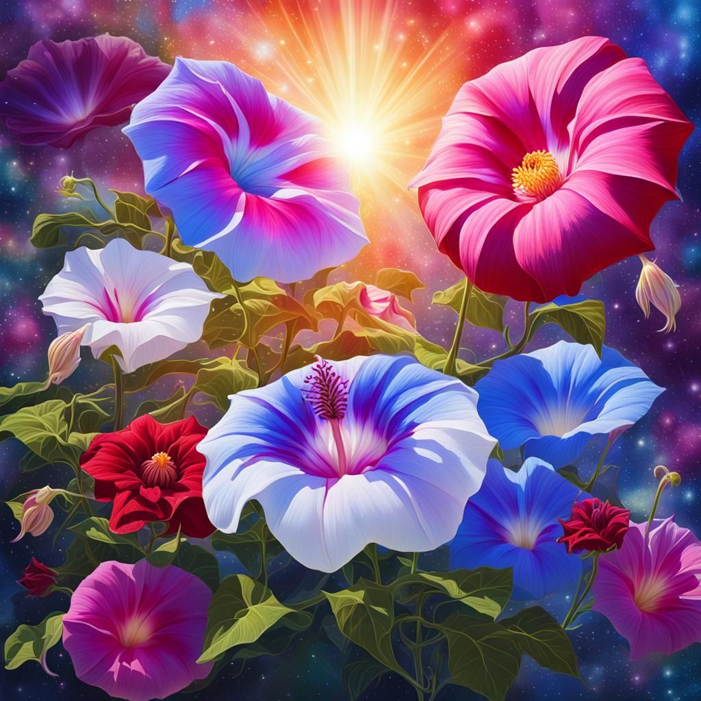 Colorful Morning Glories in Astral Garden, Mixed Media
