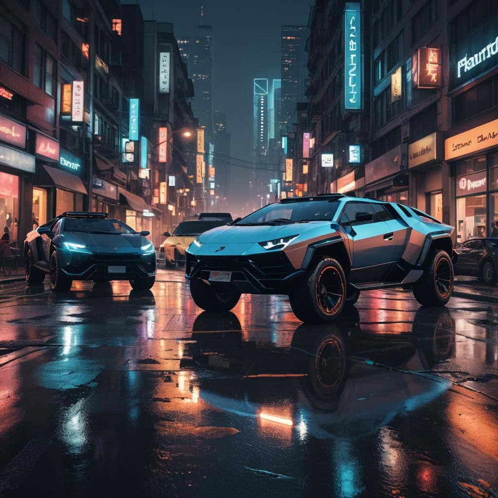 Cybertruck and Lamborghini on Neon City Street