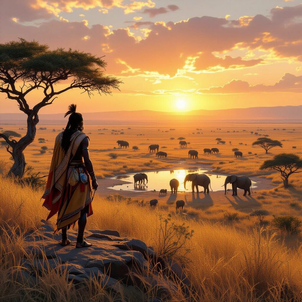 Kenyan Warrior Overlooking Hyperrealistic African Savanna