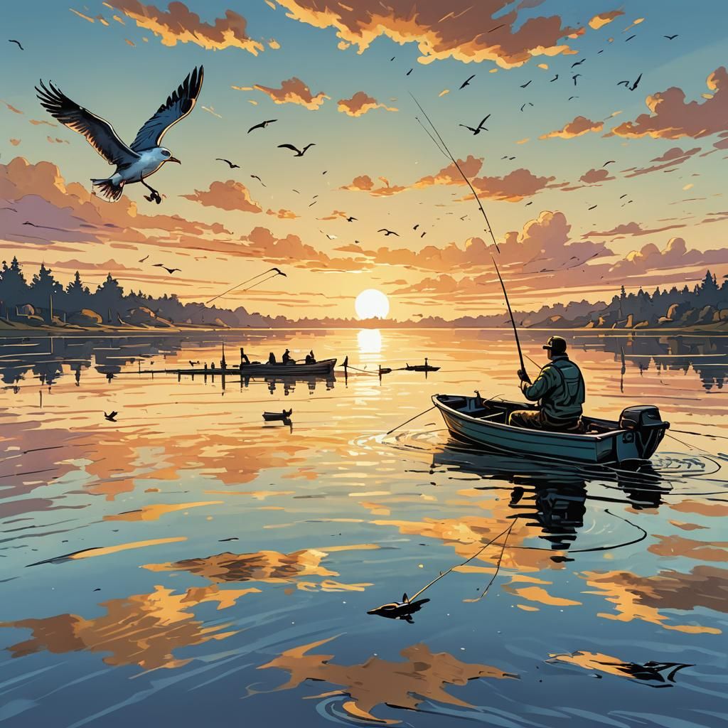 Man Fishing at Sunrise: Comic Book Illustration