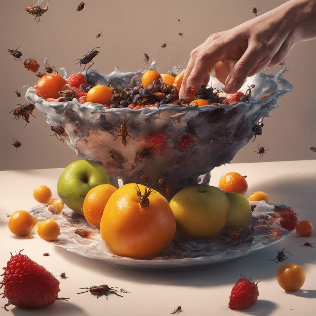 Hyperrealistic Hand Reaching for Decaying Fruit