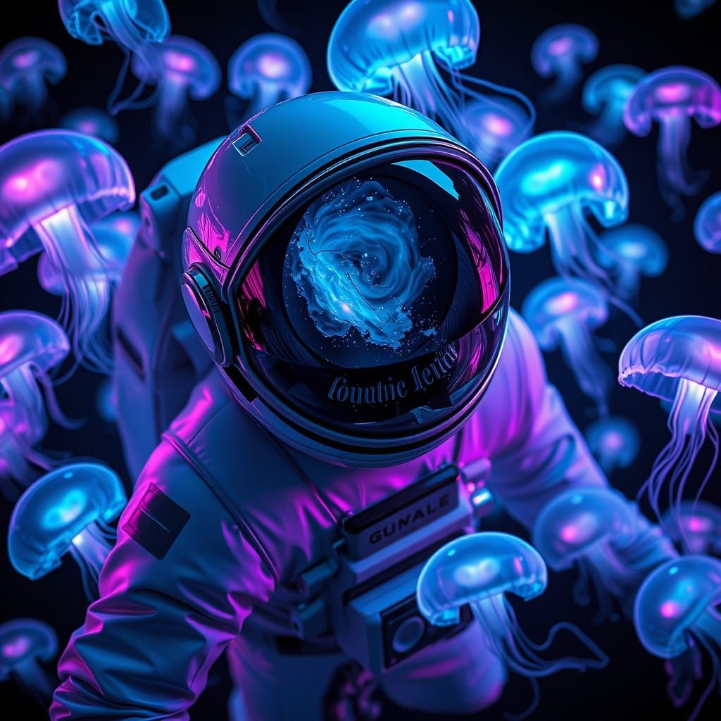Astronaut Surrounded by Bioluminescent Jellyfish in Cosmic Z...