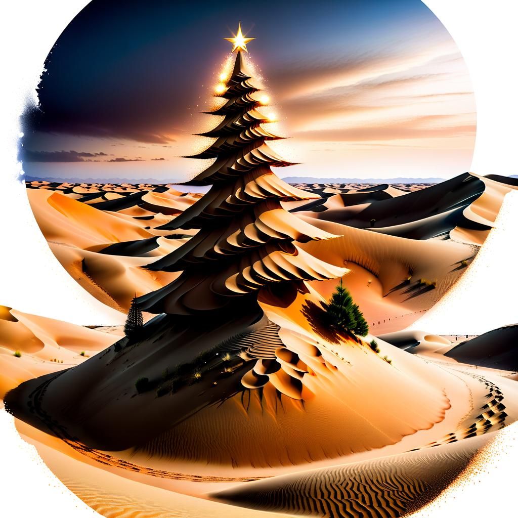 Sand Christmas Tree on Desert Dunes in Watercolor Style
