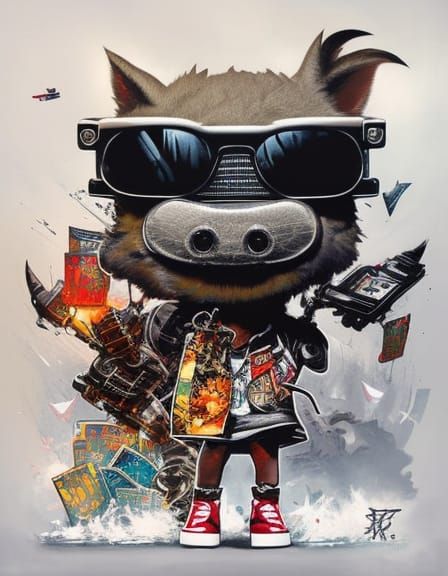 Chibi Hip-Hop Warthog in Retro 80s Style