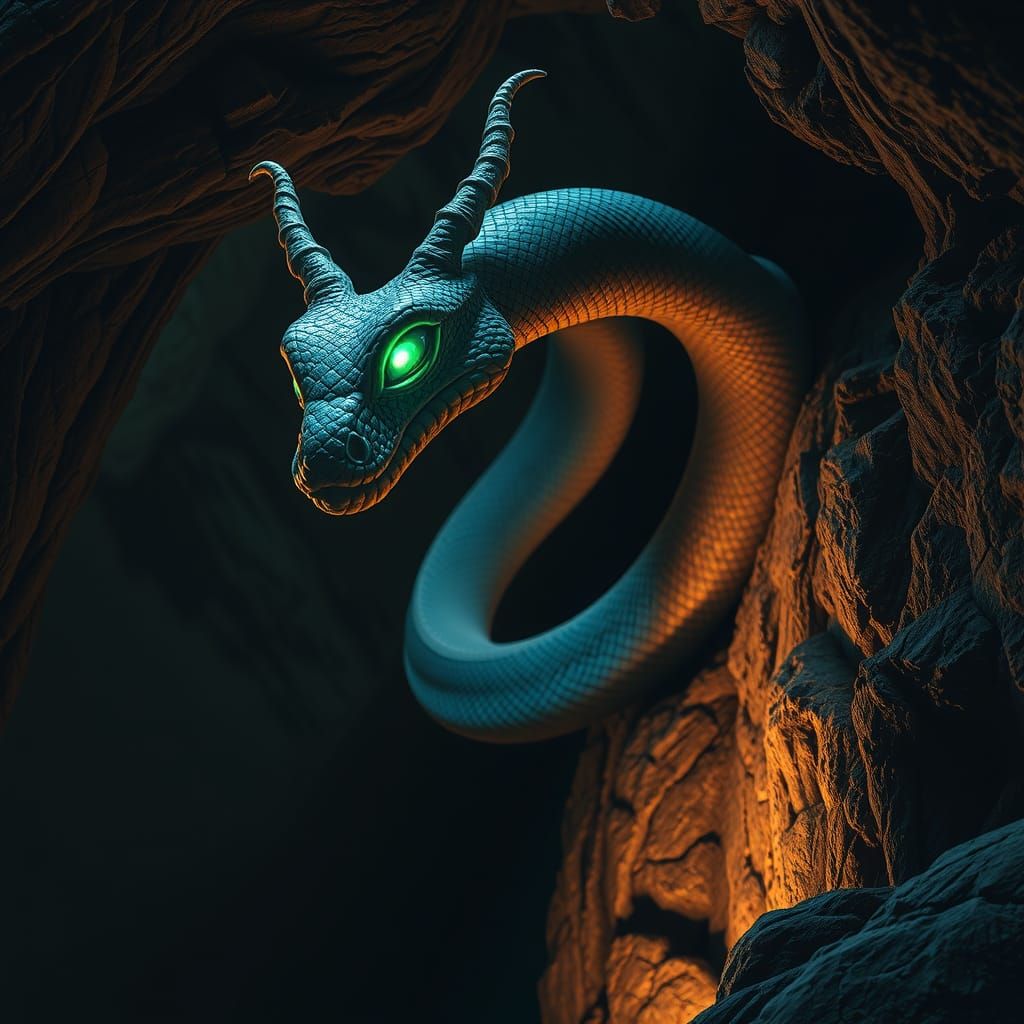 Serpent with Glowing Eyes Ascends Cave Wall