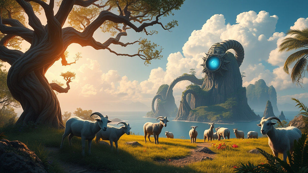 Cyclops Maiden Grazing Goats on Mythical Isle