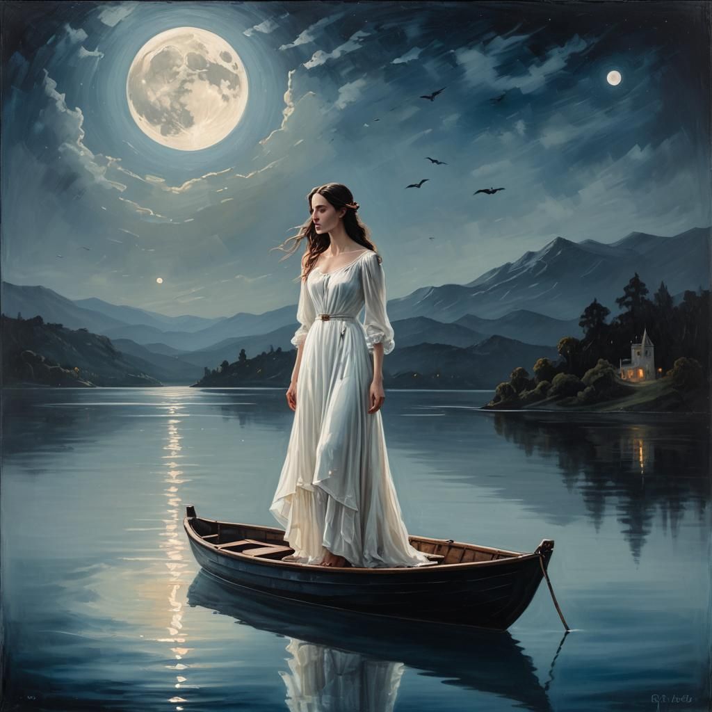 Girl in Boat Under Moonlight: Romantic Oil Painting