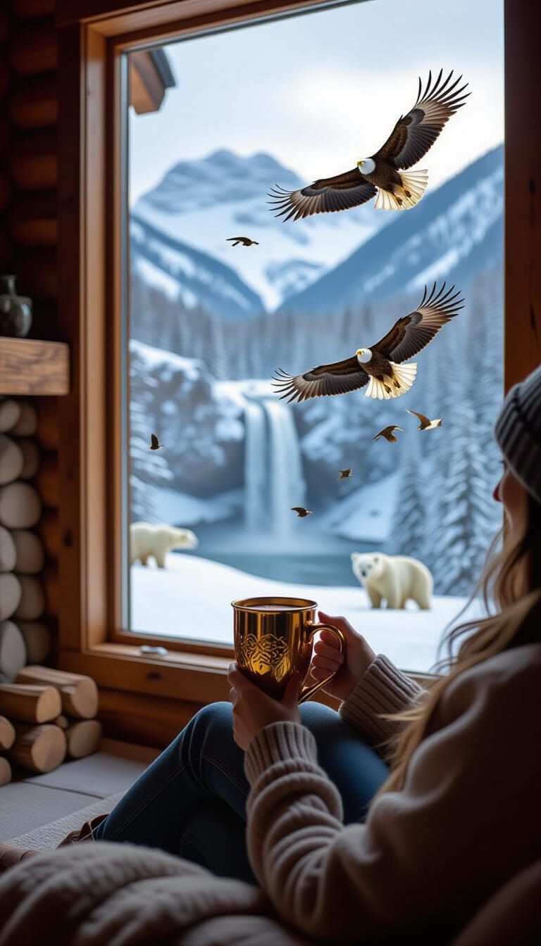 Cozy Cabin Scene With Golden Goblet And Mountain Waterfall