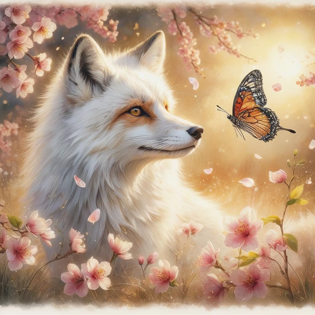 Snow fox and butterfly friend