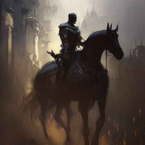 Armored Knight on Horseback in Medieval City