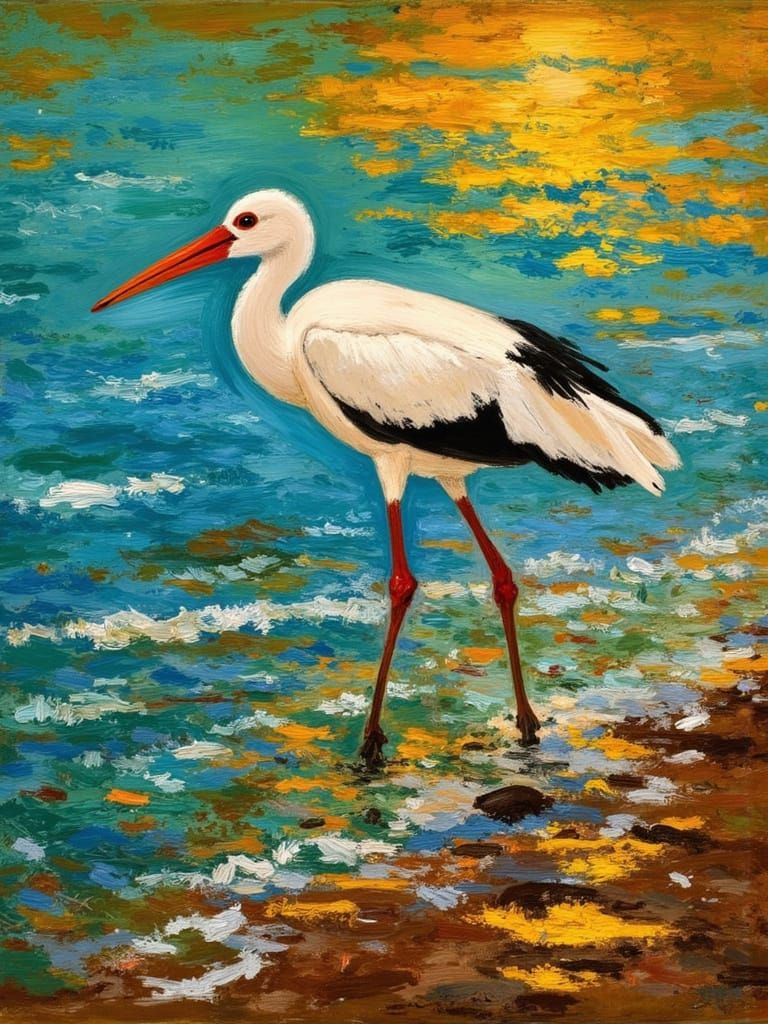 Stork in Motion: An Impasto Painting