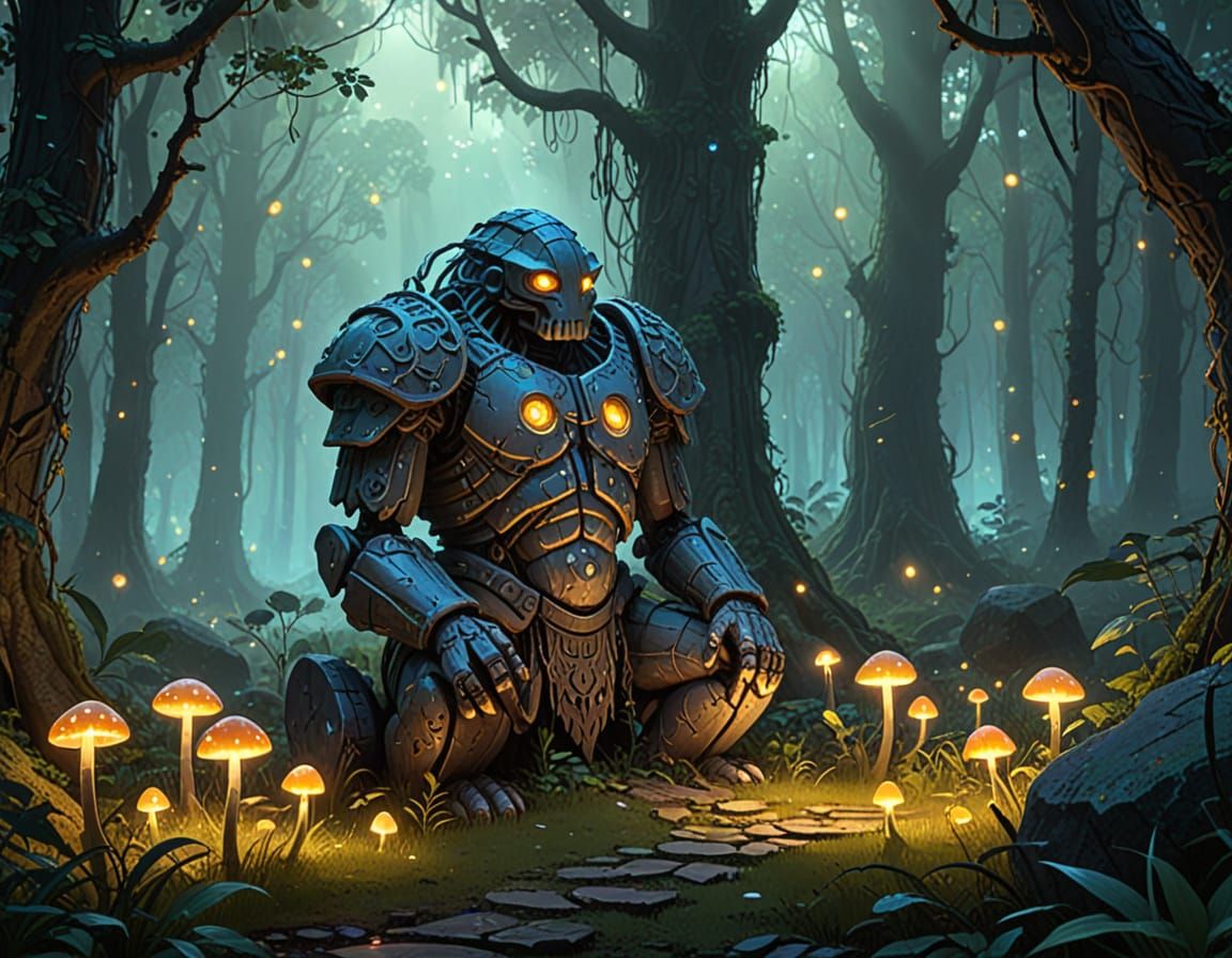 Ancient Rune-Carved Golem Guards Mystical Forest Glade