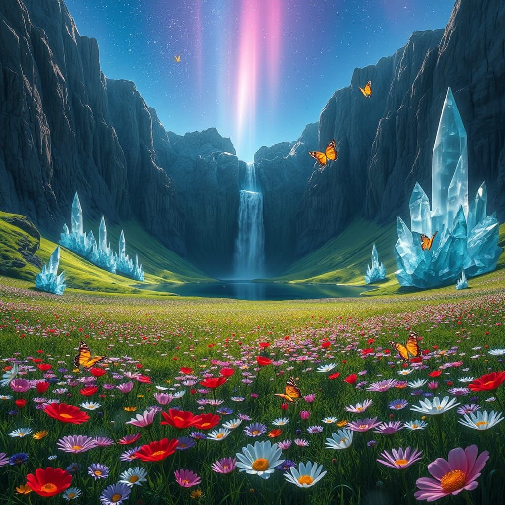 Luminous Crystal Meadow with Waterfall and Aurora