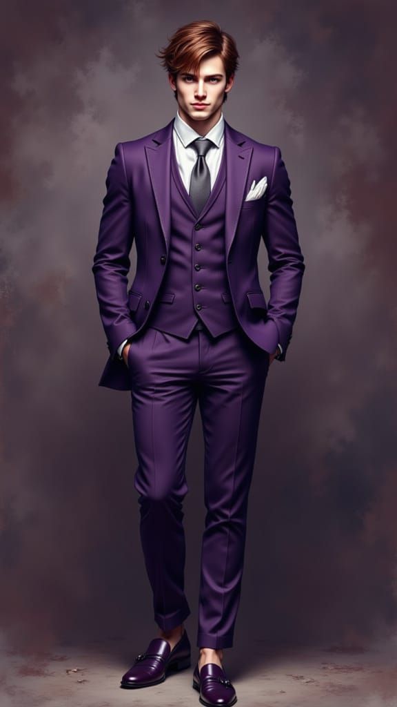 Handsome Anime Man in Purple Linen Suit