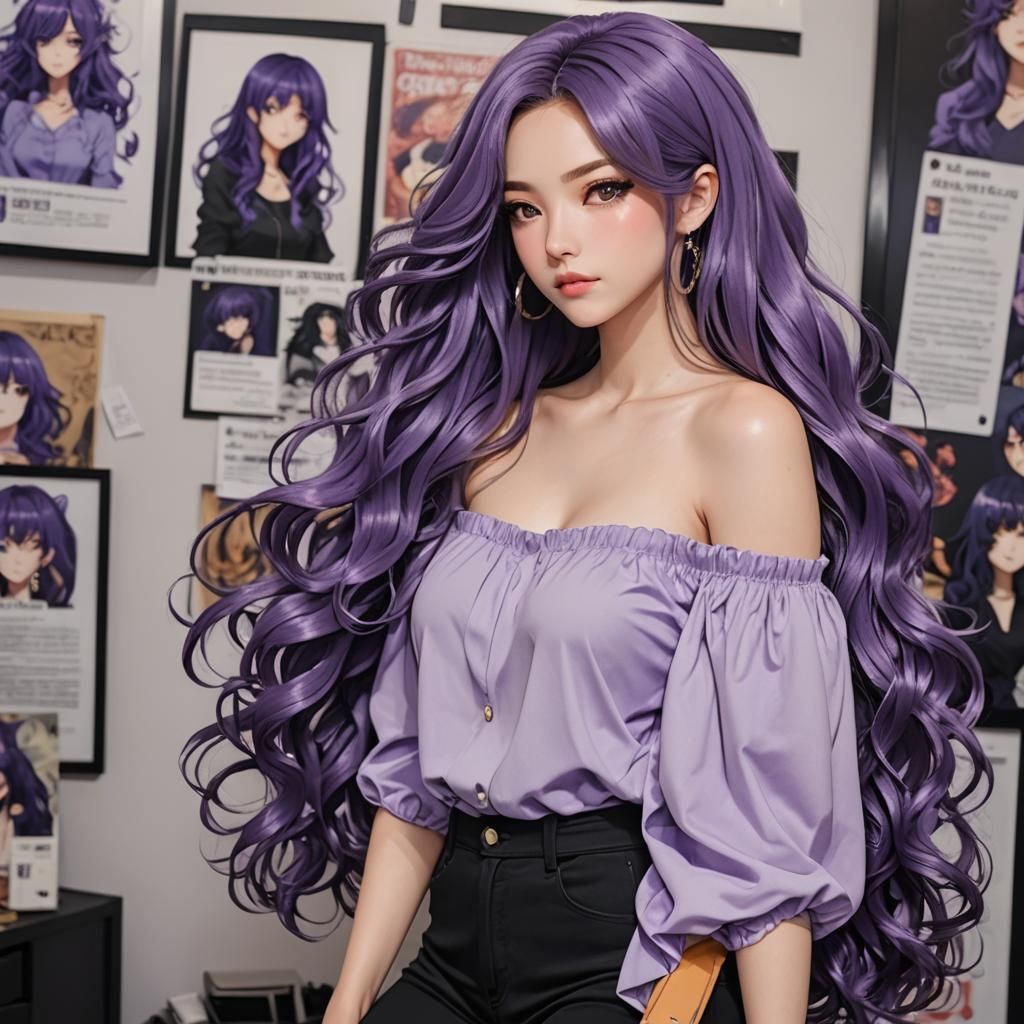 Anime Woman with Purple Hair and Anime Posters