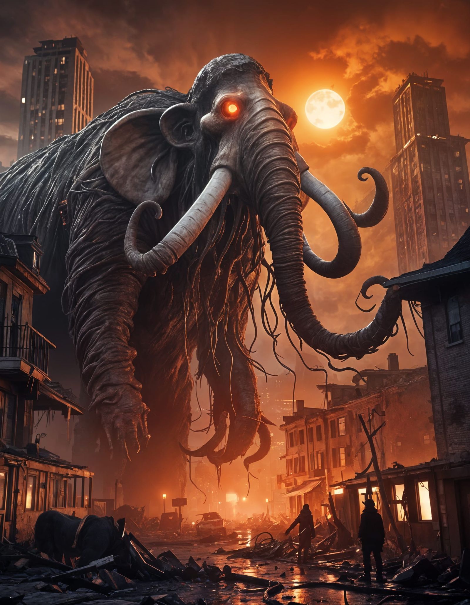 Eldritch Mammoth in Decimated Cityscape