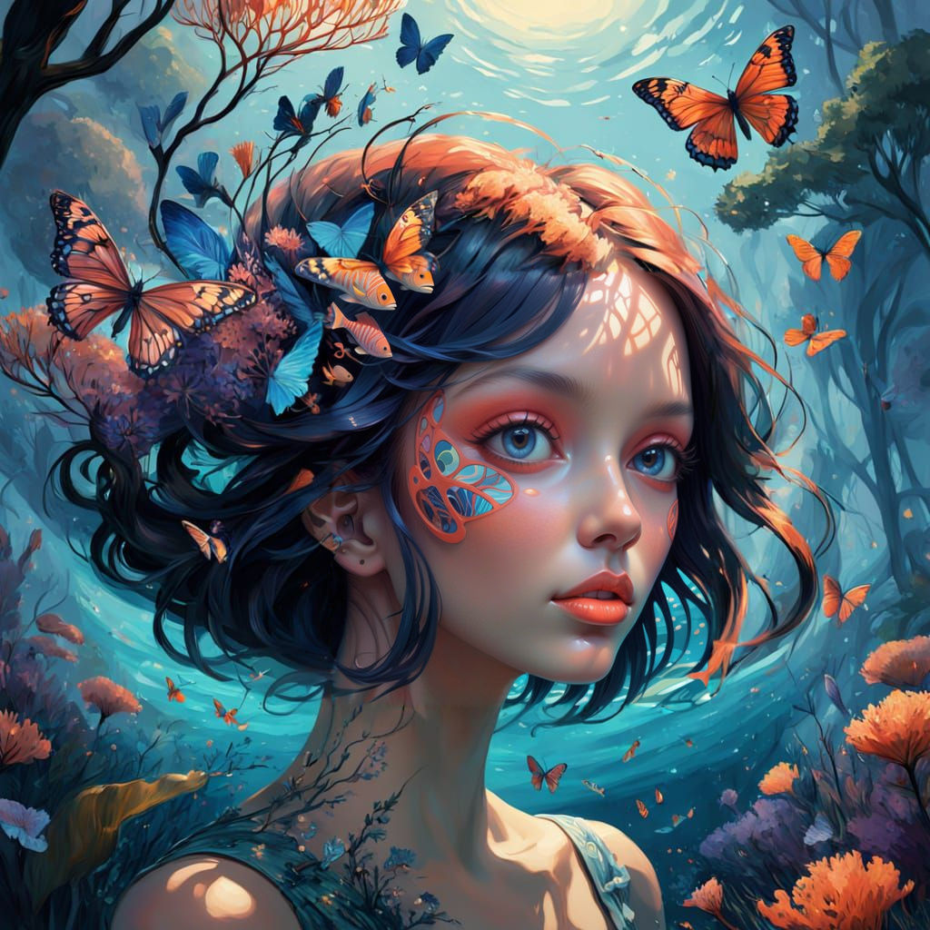 Whimsical Dreamlike Portrait with Coral Reef and Sunset Hues